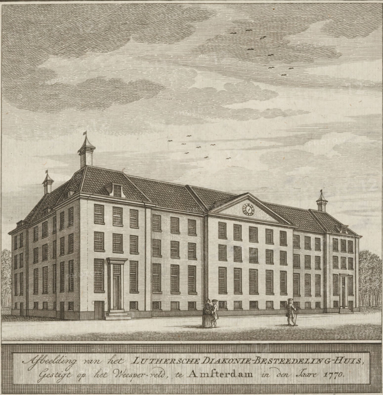 View of the Lutheran Deaconry House in Amsterdam, Illustration of the Lutheran Deaconry-Carteeling-House, Founded on the Weesper-veld, in Amsterdam in the year 1770, print, book illustration, Top right: In de Mercurius October 1770. Second Part, p. 166., publisher: Bernardus Mourik, Amsterdam, 1770, printmaker, paper, etching, height 172 mm x width 168 mm, A large multi-story building with a pitched roof and small cupolas at the roofline fills the scene, its facade marked by regularly spaced rectangular windows and a centered entrance with a small stoop and columns; a triangular pediment with a circular feature sits above the central section of the roof; the foreground shows a paved street and a low retaining wall, with three small groups of people standing or walking near the building; fine parallel and cross-hatched lines render clouds in the sky and shading on the building and ground.