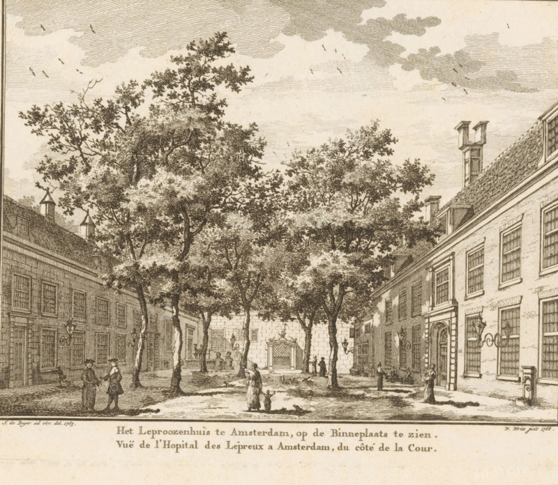 The Leper House in Amsterdam, visible from the Inner Courtyard, View of the Leper House in Amsterdam, from the Courtyard side, View of the courtyard of the Leper House in Amsterdam, print, printmaker: Willem Writs, Amsterdam, after drawing by Jan de Beijer, 1768, paper, etching, height 161 mm x width 200 mm, courtyard, public welfare, hospital, lunatic asylum, mental home, leprosarium, Leprozenhuis (Amsterdam), Period, 1765, A sepia-toned etching shows a tree-lined courtyard flanked by tall buildings with rows of windows and pitched roofs; mature trees with detailed foliage rise from the ground toward a sky filled with textured clouds and small flying birds; in the courtyard people in period clothing stand, walk, and converse, with a few figures gathered near a fountain or ornate stone feature against a far wall; chimneys and rooftop details are visible above the buildings, and lampposts and doorways line the street-level façades.