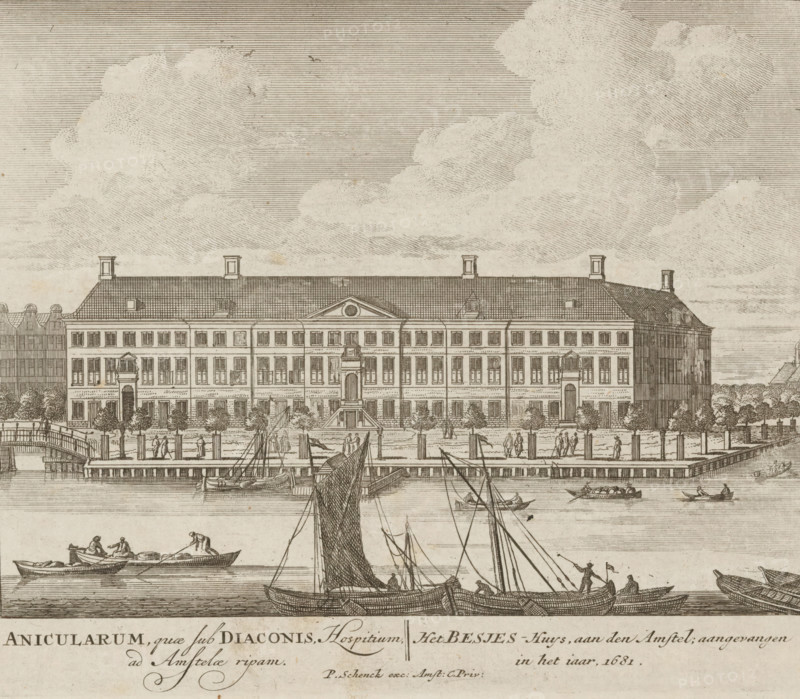 Anicularum, quae sub Diaconis, Hospitium, ad Amstelae ripam, Het Besjes-Huys, aan den Amstel, aangevallen in het jaar 1681, Gezicht op het Diaconie Oude Vrouwenhuis te Amsterdam, 100 Illustratiee der principee bouwen van Amsterdam, print, Series number, 35, 100, Numbered lower right: 35., printmaker, grantor of privilege, Barent Greve, paper, etching, height 168 mm x width 203 mm, Current state of print also used in: 100 Illustratiee der principee bouwen van Amsterdam. Amsterdam: Pieter Schenk (I), sa 1710-1711. And in: 100 Illustratiee der principee bouwen van Amsterdam. Amsterdam: Barent Greve, sa. 1757-1766.* *In the second edition, published by Barent Greve, only the title page has been modified. The other prints have remained unchanged., old-people's home, public welfare, Amsterdam, Diaconie Oude Vrouwen- en Mannenhuis, Amstelhof, A wide waterfront scene showing a large rectangular building with a pitched roof and multiple chimneys, rows of evenly spaced windows, central pediment ...