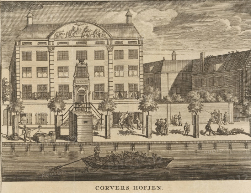 Corvers Hofjen, View of the Corvershof in Amsterdam, print, book illustration, Series number, 267, Numbered top right: 267. Top left: In French Pag. 200., printmaker, Ratelband & Co, heirs of J., Pieter Meyer, paper, etching, engraving, height 149 mm x width 178 mm, Print possibly from: Hoorn, Nicolaas ten. Wegwyzer, of korte beschryvinge van de stadt Amsterdam, zynde eene dichterbije verhandeling van desselfs eerste opkomst, vergrotingingen, en teegenwoordigen staat, Amsterdam: heirs of J. Ratelband & Co, Nicolaas ten. Guide or short description of the city of Amsterdam, being a concise treatise on their first rise, enlargements, and present state, 1751., old-people's home, public welfare, canals, waters (in city) (city(-scape) with figures, staffage), Amsterdam, Nieuwe Herengracht, Corvershof, A detailed pen-and-ink scene shows a large multi-story building with a central ornate entrance, many rectangular windows, and a decorative pediment with sculpted figures; flanking wings and adj...