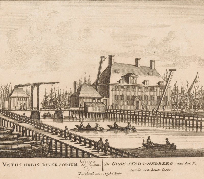 View of the Old City Inn on the IJ in Amsterdam, Vetus urbis diversorium ad Yam, The old city inn, on the IJ, being a wooden shed, 100 Illustration of the most important buildings of Amsterdam, print, publisher: Pieter Schenk (I), Amsterdam, publisher: Barent Greve, 1710 - 1711, printmaker, paper, etching, engraving, height 171 mm x width 200 mm, A detailed sepia-toned engraving of a waterfront scene showing a wooden pier with railings extending into the foreground and lined with small boats moored alongside, several rowboats with figures in them on the water, and people walking or standing on the pier; a multi-story building with a steep roof, dormer windows, chimneys, and a covered balcony stands near the water, flanked by smaller structures and cranes; numerous masted ships and rigging are visible behind the buildings; sky filled with lightly hatched clouds.