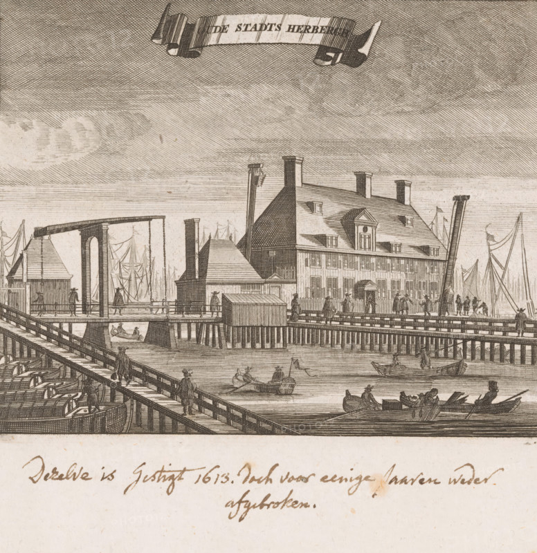 Old City Inn, View of the Old City Inn on the IJ in Amsterdam, print, annotation: 'It was founded in 1613, but demolished a few years ago', printmaker, paper, etching, height 123 mm x width 153 mm, This print also appears in: Commelin, Caspar. Description of Amsterdam, Amsterdam: Abraham Wolfgang et al., 1693, vol. 2, p. 673. As well as in: Amsterdam: Widow Aart Dirksz. Oossaan, 1694. Also in: Amsterdam: Andries van Damme et al., 1726. In these books, however, the print is printed on a page with text, with text also on the verso. That is not the case with this copy. This may be a later, separately published print., sailing-ship, sailing-boat, hotel, hostelry, inn, bridge in city across river, canal, rowing facing backward, pulling, Oude Stadsherberg, A detailed monochrome engraving shows a waterfront scene with a large multi-story building with a steep roof, chimneys, dormer windows, and a small pediment above a central window, set behind a wooden pier and fenced area; a raised drawbri...