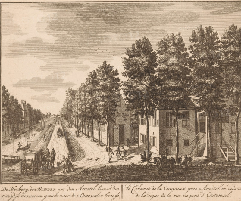 View of the inn de Schulp on the Amstel, De Herberg de (1) Schulp aen den Amstel within the ring dike next to a view of the (2) Outewaler bridge, Le cabaret de la Coquille pres Amstel en dedans de la digue & la vue du pont de Outewael, print, book illustration, On the left the ring canal with the Oetewalerbrug in the background., after drawing by Daniël Stopendaal, publisher: Hendrik de Leth, Amsterdam, 1725, printmaker, paper, etching, engraving, height 165 mm x width 201 mm, A detailed sepia-toned city scene with a long tree-lined street flanked by buildings, a canal running alongside the road with small boats and a sail, and people and horse-drawn carriages on the road and canal edge; tall leafy trees obscure parts of the buildings, some of which show windows, doors, and an exterior staircase, and small groups of pedestrians are visible walking and conversing while a distant bridge and windmills appear on the horizon under a sky filled with horizontal cloud shading.