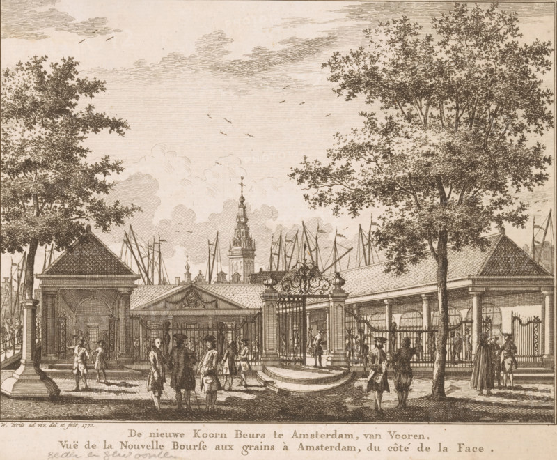View of the Corn Exchange in Amsterdam, The new Corn Exchange in Amsterdam, from the front, Vuë de la Nouvelle Bourse aux grains à Amsterdam, du côté de la face, print, book illustration, printmaker: Willem Writs, 1770 - 1804, paper, etching, height 162 mm x width 205 mm, The print was first published in 1770 by, among others, Reinier Ottens and Pieter Yver, as part of a series of cityscapes: the 'Atlas of the City of Amsterdam, or Illustration of the most important views, buildings, antiquities and histories of Amsterdam, '. This series, begun in 1769, contained prints with textual commentary that could be bound into various publications about Amsterdam. The print was also used in: Atlas van de waereldberoemde koopstad Amsteldam, Amsterdam: Jan Barend Elwe, 1804. In that publication, a rear view of the Korenbeurs is printed below this print. Due to the cutting of the sheet, it is unclear whether the current print comes from the 1804 publication. Later state, numbered top right with pl...