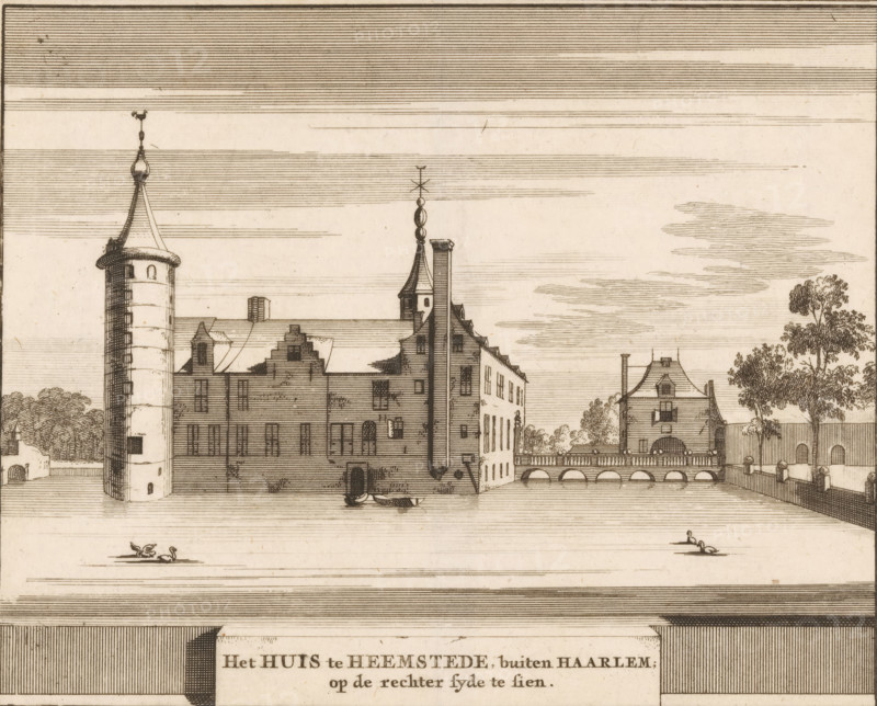 View of Heemstede Castle, The House at Heemstede, outside Haarlem, visible on the right side, print, book illustration, printmaker: Jacobus Schijnvoet, after drawing by Roelant Roghman (possibly), publisher: Pieter de Coup, Amsterdam, 1711, paper, etching, engraving, height 195 mm x width 217 mm, A sepia-toned architectural engraving showing a waterfront scene with a large multi-story building featuring stepped gables, narrow windows, and a prominent cylindrical tower with a conical roof on the left, connected to other structures by walls and a bridge with arches; tall vertical chimneys and decorative finials rise above the roofs; trees and shrubbery appear behind and beside the buildings on the right; horizontal etched lines fill the sky and water surfaces, with small groups of waterfowl depicted on the water in the foreground.