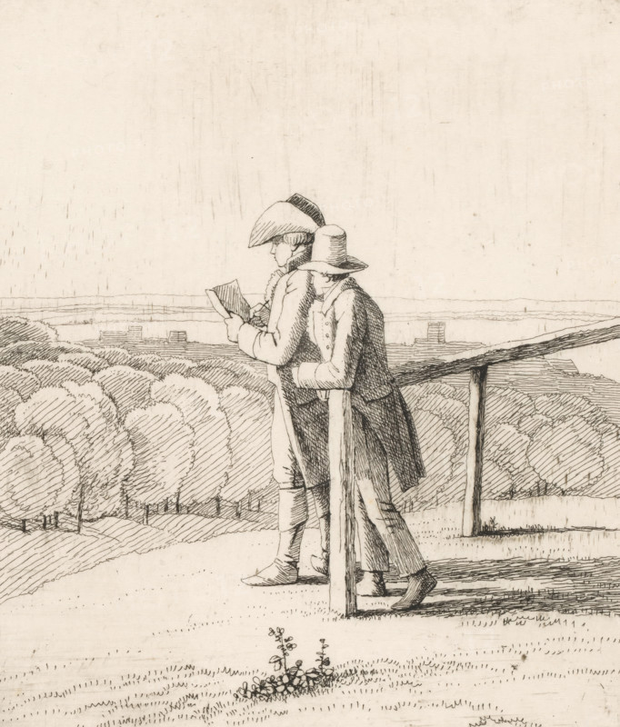 Der Zeichner, Draftsman in a landscape, print, printmaker: Wilhelm Alexander Wolfgang von Kobell, Germany, 1846, paper, etching, height 176 mm x width 145 mm, draftsman at work - CC - out of doors, A pen-and-ink drawing of two people standing on a wooden platform overlooking a landscape, both wearing long coats and wide-brimmed hats, one person holding and looking at a small book while the other stands close behind with an arm resting on the railing; below them a row of rounded trees and hedges stretches into the distance with fields and a distant horizon beyond, and in the foreground a small cluster of flowers grows in the grass.