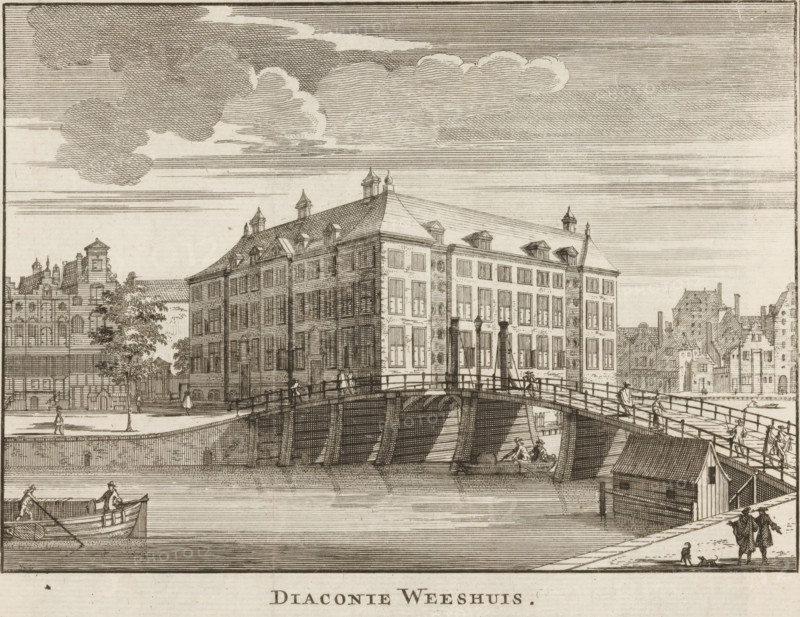 View of the Diaconie Orphanage in Amsterdam, Diaconie Orphanage, print, book illustration, Series number, 259, Numbered top right: 259., printmaker, publisher, Amsterdam, paper, etching, engraving, height 146 mm x width 180 mm, An engraving of a riverside scene shows a large multi-story building with a pitched roof and dormer windows set at the edge of a canal, connected to the opposite bank by an arched wooden bridge with posts and railings; small figures walk across the bridge and stand on the quay, while a couple of rowboats occupy the water beneath with rowers visible; to the left and right of the main building are other architectural blocks with varied rooflines, chimneys, and decorative façades, and a tree rises near the left buildings; the sky above is filled with layered, textured clouds rendered with fine hatch lines; in the foreground a figure and a small dog are near the water’s edge and additional tiny figures populate the embankments.