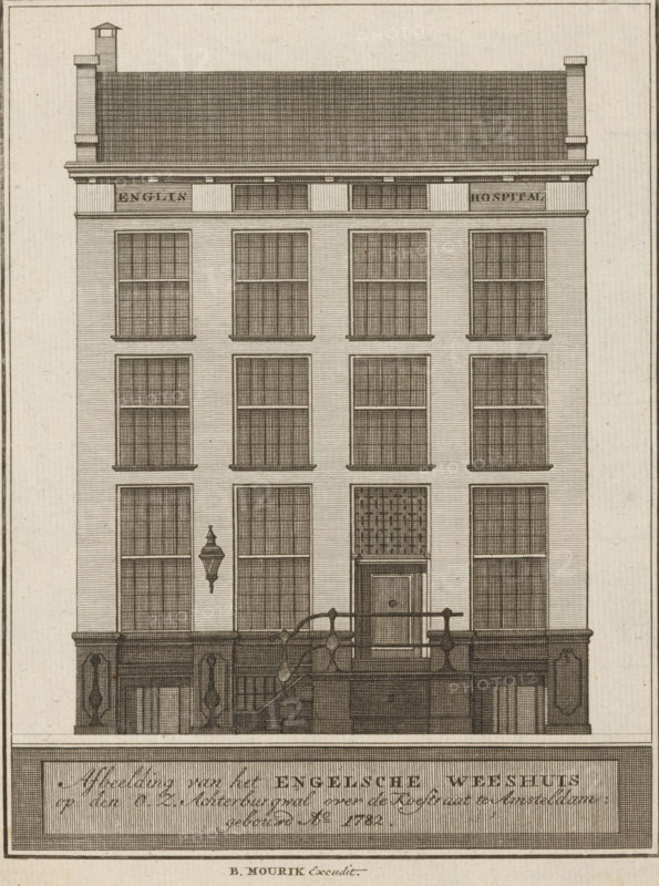 Image of the English Orphanage on the OZ Achterburgwal across the Koestraat in Amsterdam: built in 1782, View of the English Orphanage in Amsterdam, print, book illustration, Top right: In de Mercurius August 1783. 2nd Part, p. 84., publisher: Bernardus Mourik, Amsterdam, 1783, printmaker, paper, etching, height 179 mm x width 139 mm, A symmetrical multi-story building elevation drawn in fine line engraving, showing a steep tiled roof with chimneys at each end and a central small dormer, a cornice below the roof, and a façade organized into vertical bays of tall multi-paned windows with framed sills. The entrance is centered and features a paneled door set within a recessed surround, flanked by large windows and a decorative iron railing and balustrade across a raised stoop. A wall-mounted lantern is visible to one side of the entrance, and the lower level presents paneled pilasters and patterned detailing. The overall image is monochrome with dense crosshatching and linear shading, fr...