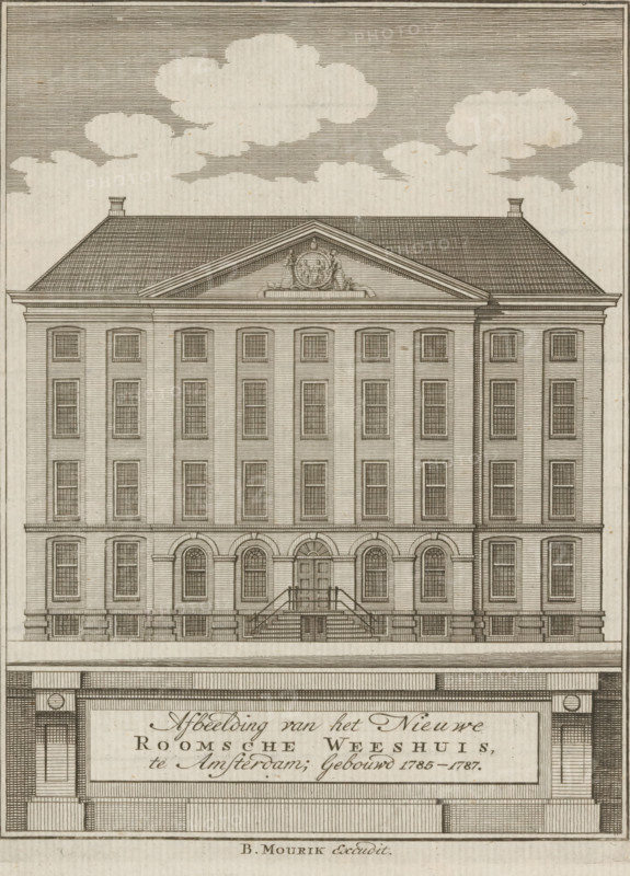 View of the Maagdenhuis in Amsterdam, Illustration of the New Roman Catholic Orphanage, in Amsterdam, built 1785-1787, print, book illustration, Top right: In de Mercurius October First Part, 1786, p. 128., publisher: Bernardus Mourik, Amsterdam, printmaker, paper, etching, height 180 mm x width 134 mm, A detailed engraved elevation of a large rectangular building with a pitched roof and two small chimney structures at each end, rendered in fine parallel hatching; the façade shows a symmetrical arrangement of tall sash windows set within shallow pilasters across multiple floors, with a central entrance reached by a short staircase and flanked by arched openings; a triangular pediment sits above the central section containing an ornamental roundel and sculptural elements, and the base of the building features rusticated stonework and small basement openings; the sky above is filled with stylized horizontal lines and a few soft cloud shapes.
