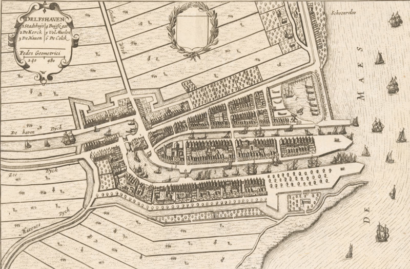 Delfshaven, Map of Delfshaven, area plan, print, book illustration, printmaker, publisher, Amsterdam, paper, etching, height 147 mm x width 226 mm, An antique map view rendered in fine lines shows a fortified town with walls and bastions, rows of closely packed buildings with gabled roofs, narrow streets and canals winding through the settlement, quays and enclosed harbor areas with small sailing vessels, surrounding agricultural plots divided into long strips with scattered small marks suggesting vegetation or animals, ornamental cartouches and a laurel wreath, several larger ships depicted offshore on a textured sea, and patterns indicating dikes and embankments along the water.