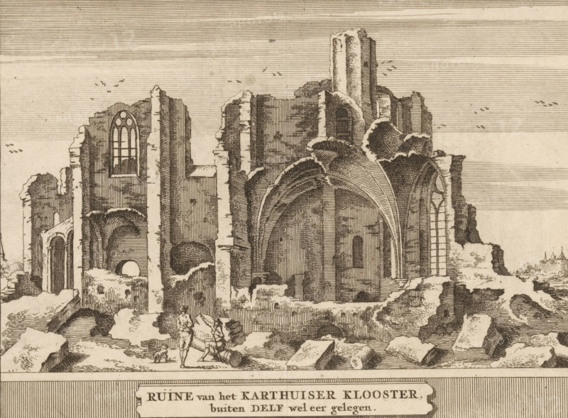 View of the ruins of the Carthusian monastery near Delft, Ruins of the Carthusian monastery, formerly situated outside Delft, Castles, country estates and houses in the Netherlands, print, book illustration, Marked lower right: I., printmaker: Jacobus Schijnvoet, Amsterdam, after drawing by Roelant Roghman (possibly), publisher: Pieter de Coup (possibly), 1711, paper, etching, engraving, height 194 mm x width 217 mm, Print first used in: Smids, Ludolph. Schatkamer der Nederlandse oudheden, of Woordenboek, between. p. 180 and 181. Possibly appeared thereafter in reissues of this work in 1737 and 1774. In 1721, an edition appeared containing only the prints: Nederlandsche oudheden, bestaan in zesachtig verbeeldingen, gelegen in Holland, 't Sticht van Utrecht en Gelderland enz. Amsterdam: Hendrik Bosch, 1721., ruin of church, monastery, landscape with ruins (city(-scape) with figures, staffage), Delft, Carthusian monastery 'Saint Bartholomew in Jerusalem', A detailed ink drawing of a larg...