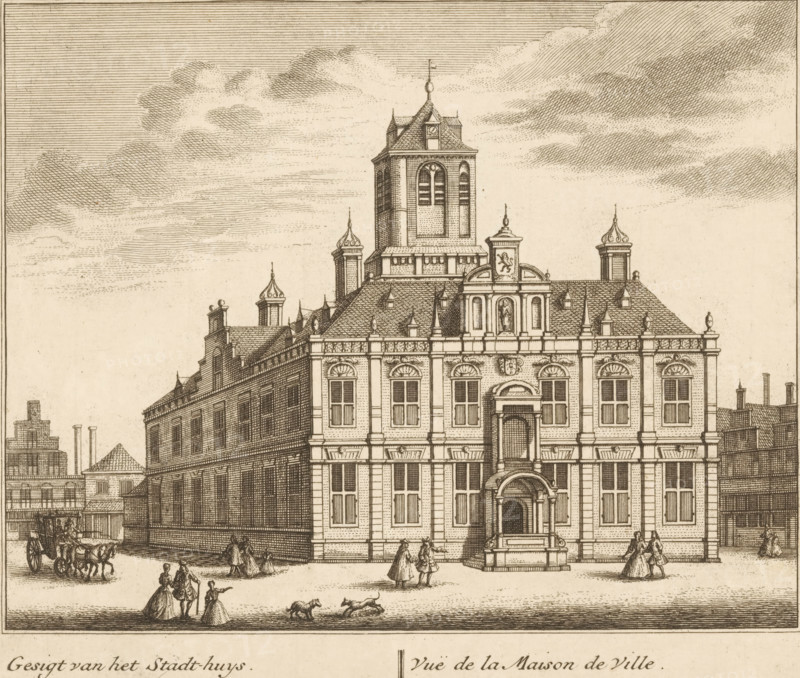 View of the Town Hall in Delft, Gesigt van het Stadt-Huys, Vuë de la Maison de Ville, All the most important views of the widely famous cities Alkmaar, Delft and Dordrecht, Views in Alkmaar, print, Series number, 67, printmaker: Leonard Schenk, Amsterdam, after drawing by Abraham Rademaker, 1736, paper, etching, height 173 mm x width 199 mm, A detailed ink drawing of a large ornate building with a multi-tiered roof and a central tower rising above the roofline, featuring arched windows and decorative dormers, flanked by smaller turrets with pointed finials; the building facade shows tall rectangular windows set between pilasters, carved ornamental panels above some windows, and a prominent central arched entrance with steps and a small covered portico; in front of the building a paved open area contains small groups of people in period clothing walking and conversing, two dogs playing, and a horse-drawn carriage at the left edge; surrounding structures with chimneys and varied roofline...