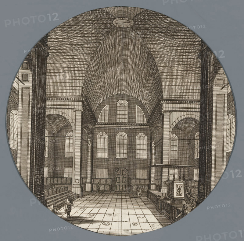 Church interior, print, 1650 - 1800, printmaker, paper, etching, height 135 mm x width 135 mm, interior of church, A circular engraved view shows the interior of a large building with a high vaulted ceiling covered in dense hatch lines, tall arched windows, rows of columns and arches, a tiled floor with decorative motifs, raised seating along the sides, railings and a pulpit or ornate lectern, small human figures in period clothing scattered on the floor and near the benches, and detailed architectural ornamentation on pilasters and cornices.