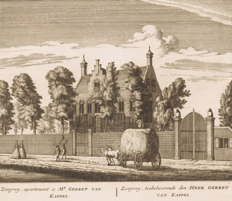 Zorgvry, apartmentnant a Mr. Gerret van Kaspel, belonging to Mr. Gerret van Kaspel, View of the country estate Zorgvrij, print, Series number, 78, printmaker: Leonard Schenk (possibly), printmaker: Abraham Rademaker (possibly), publisher: Andries de Leth (possibly), Amsterdam, publisher: Hendrik de Leth (possibly), 1725 - 1730, paper, etching, engraving, height 169 mm x width 197 mm, Print published in the edition of: Tijsens, Gijsbert. Hollands Arcadia, or the renowned river Amstel, drawn from life and brought to light by Abraham Rademaker, Amsterdam: Leonardus Schenk, 1730., civic architecture, edifices, dwellings, Baambrugge, A detailed sepia-toned engraving showing a large brick house partially hidden behind tall trees and a high wall with a central gate, the house featuring multiple windows, steep gables, and chimneys topped with decorative finials, and a sky filled with lined shading and clouds above; in front of the wall a road runs along a water channel, on the road a horse pul...