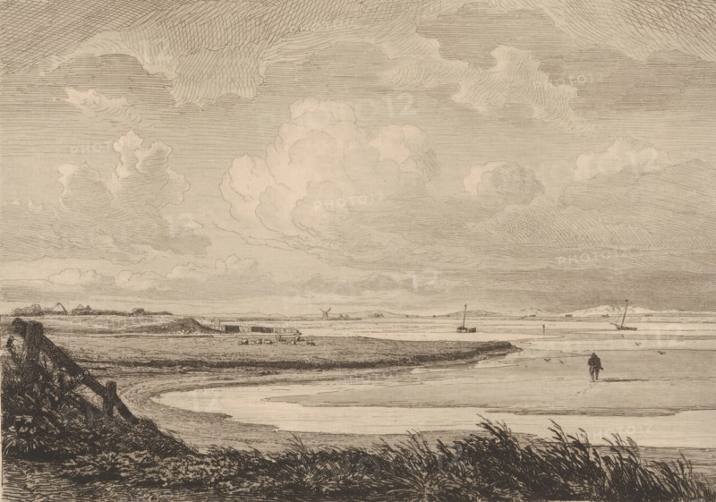 View of the coast of Texel, Texel, print, printmaker: Pierre Louis Dubourcq, Netherlands, 1849, paper, etching, roulette, drypoint, drypoint and roulette, height 229 mm x width 260 mm, gulf, bay, mud flat, A wide, detailed landscape etching showing a shallow shoreline with gently curving water channels and muddy banks, framed in the foreground by dark, windswept grasses and a broken wooden fence on the left. The middle distance contains low grassy marshland and a narrow strip of land with small buildings and a windmill silhouette, while a small boat with a vertical mast floats on the water nearer the center and another boat with a tilted mast lies farther right. A solitary figure walks along the wet sand toward the water near the right side, and a few birds are visible near the shore. Above, the sky is filled with large, billowing clouds rendered with fine, horizontal and curved linework, creating an expansive, textured atmosphere across the top two thirds of the image.