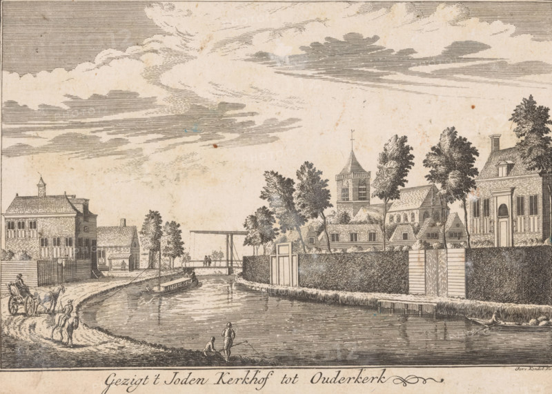 View of the Jewish Cemetery in Ouderkerk, print, printmaker: Gerardus Condet, Amsterdam, 1725 - 1764, paper, etching, height 127 mm x width 181 mm, churchyard, cemetery, canals, waters (in village), Ouderkerk aan de Amstel, A sepia-toned scene shows a canal curving through a town with buildings and trees along both banks, a boat moored near the near edge and another further along the water beneath a small bridge, two figures at the water’s edge one standing and one seated with a fishing pole, a horse-drawn carriage on a road beside the canal and a group of people nearby, various houses with pitched roofs and shuttered windows, a taller building with a tower and a spire topped by a weather vane, hedges and gates lining parts of the bank, and a sky filled with layered, horizontally hatched clouds.