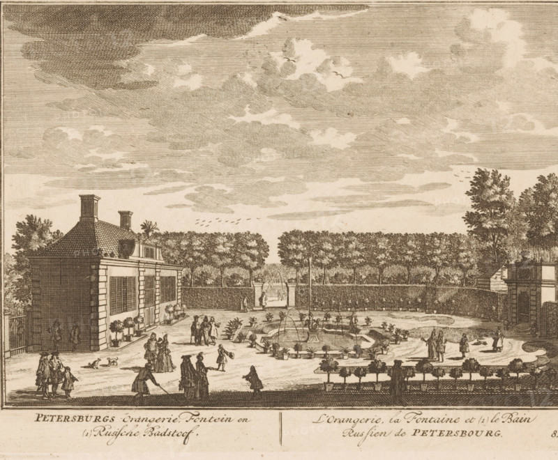 View of the orangery of House Petersburg, Petersburg Orangery, Fountain and (1) Russian Bathtub, L'Orangerie, la Fontaine et (1) le Bain Russien de Petersbourg, print, book illustration, Series number, 81, 98, printmaker: Daniël Stopendaal (possibly), publisher: widow Nicolaes Visscher (II), Amsterdam, 1719, Daniël Stopendaal, widow Nicolaes Visscher (II), printmaker, publisher, paper, etching, engraving, height 160 mm x width 205 mm, A wide courtyard scene with a rectangular pool at its center surrounded by potted plants and a decorative fountain, flanked by rows of small trees in pots along the foreground. On the left, a two-story building with a tiled roof, chimneys, shuttered windows, and a doorway opens onto the courtyard, with potted plants arranged beside the facade. Figures dressed in period clothing walk, stand, and converse throughout the courtyard, some accompanied by small dogs. In the background a high hedge borders a tree-lined avenue visible through a central opening, an...