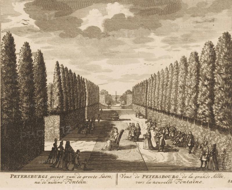 Petersburg's view of the large lane towards the new fountain, View of Petersbourg, from the large lane towards the new fountain, View of the large lane from the house of Petersburg, print, book illustration, Series number, 82, 98, printmaker: Daniël Stopendaal (possibly), publisher: widow Nicolaes Visscher (II), Amsterdam, 1719, Daniël Stopendaal, widow Nicolaes Visscher (II), printmaker, publisher, paper, etching, height 160 mm x width 201 mm, An engraved landscape showing a long formal avenue flanked by tall, closely planted trees with dense foliage, a wide central walkway leading toward a distant fountain and sculptural elements, groups of people in period dress walking, standing, and conversing along the paths and near benches, men and women wearing long coats and dresses and some seated in chairs, trimmed hedges and architectural balustrades lining parts of the avenue, a pool or canal running parallel to the walkway, a sky filled with layered, textured clouds and a few birds in fl...