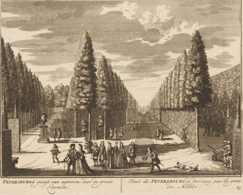 Petersburg's view from behind, through the large avenues, View of Petersbourg from behind, by the great avenues, View of the avenues of the house of Petersburg, print, book illustration, Series number, 83, 98, printmaker: Daniël Stopendaal (possibly), publisher: widow Nicolaes Visscher (II), Amsterdam, 1719, Daniël Stopendaal, widow Nicolaes Visscher (II), printmaker, publisher, paper, etching, height 160 mm x width 202 mm, A wide engraved scene shows a formal avenue lined with tall, narrow trees on both sides receding toward a distant fountain, with trimmed hedges and sculpted pedestals along the paths; numerous figures in period dress stand and walk in small groups in the foreground, including a couple with one figure holding a long garment, others conversing, and a person pushing a wheelbarrow at the edge; small dogs play near one figure who gestures toward them; steps and terraces lead up toward the tree-lined avenue where more tiny figures walk; the sky above is filled with layere...