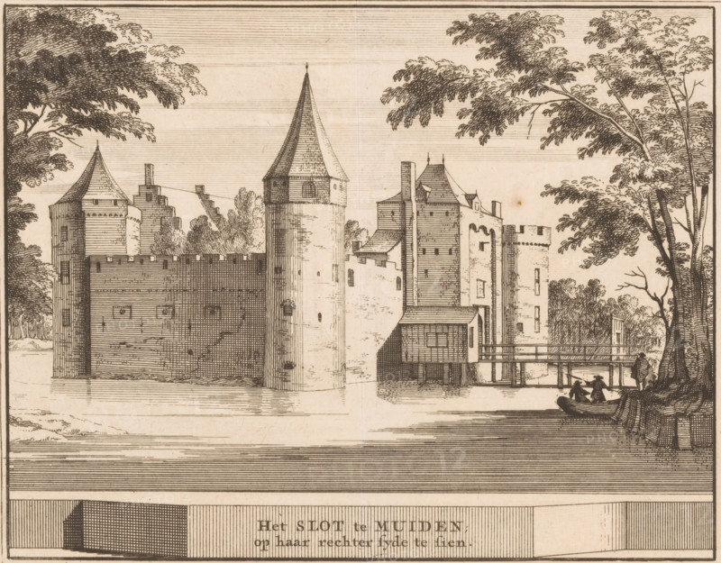The castle at Muiden, visible on its right side, View of Muiderslot, Castles in the Netherlands, print, printmaker: Jacobus Schijnvoet, Amsterdam, after drawing by Roelant Roghman, publisher: Pieter de Coup, publisher: Hendrik Bosch, publisher: Johannes Marshoorn (publisher), Haarlem, publisher: Gerrit Bom, 1711 - 1774, paper, etching, height 195 mm x width 215 mm, Print included in: Smids, Ludolph. Schatkamer der Nederlandse! oudheden, of Woordenboek, 1711. Also appeared in the reissue of the aforementioned work in 1737 and 1774. In 1721, an edition appeared containing only the prints: Nederlandsche oudheden, bestaan in zestie verbeeldingen, gelegen in Holland, 't Sticht van Utrecht en Gelderland enz. Amsterdam: Hendrik Bosch, 1721., castle, Muiden, Muiderslot, An engraved scene showing a riverside fortress with multiple towers and crenellated walls, rendered in fine lines and hatching; a tall round tower with a conical roof stands near the center, flanked by other turreted structures...