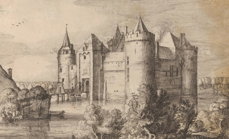 t Slot te Muyden, in Zuijdt Hollandt, View of Muiderslot, print, printmaker: Claes Jansz. Visscher (II), 1617, paper, etching, height 130 mm x width 201 mm, castle, Muiden, Muiderslot, A detailed pen-and-ink drawing of a riverside castle with multiple stone towers and steep conical roofs, one tower showing a flag at its peak and another with smoke rising from a chimney, connected buildings with arched doorways and small windows, and defensive battlements. The castle stands beside a calm river with a wooden dock and small boats moored along the bank. In the foreground are leafy trees and shrubs with dense foliage, and a wooden fence leading to the water. On the left bank a small group of people stand near the water's edge, and a figure is visible on a distant hilltop. The sky is filled with fine horizontal hatching lines and scattered small birds.