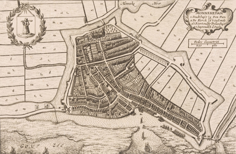 Map of Monnickendam, Monnekedam, area plan, print, printmaker, publisher, Amsterdam, paper, etching, height 150 mm x width 226 mm, Print used in: Blaeu, Johannes Willemszoon. Toonneel der steden van de Vereenighde Nederlanden. 2 vols. Amsterdam: Johannes Willemszoon Blaeu, 1652, vol. 1., maps of cities, Monnickendam, A detailed monochrome map showing a fortified town with angular walls and bastions surrounded by water channels and marshy fields, a dense arrangement of narrow streets and closely packed buildings with pitched roofs, open yards and tree-lined blocks within the town, small docks and moored sailing ships along the waterfront, a wreath-like decorative cartouche with a figure holding a long object, patterned agricultural plots outside the defenses, bridges and causeways connecting the town to surrounding land, and stylized waves and sailing vessels in the adjacent sea.