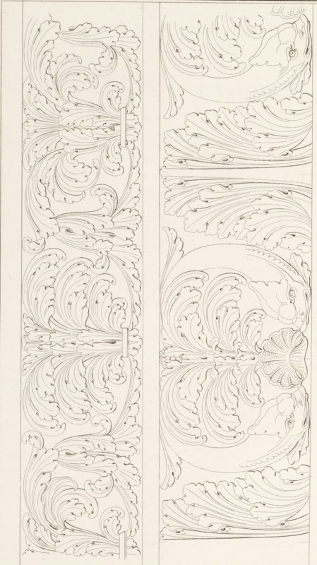 Two friezes, ornamental print, Ornamental print with two friezes. Part (19th. Cah.er f.le 39) of the print album with two series of a total of 138 ornamental prints by Beauvallet and Normand, 'Fragmens d'Ornemens dans le Style Antique'., printmaker: Charles Pierre Joseph Normand, Paris, publisher: Jacques-Louis Bance, 1820, Charles Pierre Joseph Normand, Jacques-Louis Bance, printmaker, publisher, paper, etching, height 0 mm x width 0 mm, ornaments, art, A vertical image showing two narrow adjacent panels filled with intricate symmetrical line drawings of stylized acanthus leaves and curling fronds, with the left panel containing repeated flowing leaf motifs arranged around a central horizontal element and the right panel featuring mirrored fan-like leaf clusters, curved ornamental stems, and a scallop-shaped shell motif near the middle, all rendered in fine, uniform dark lines on a pale background with thin rectangular borders around each panel.