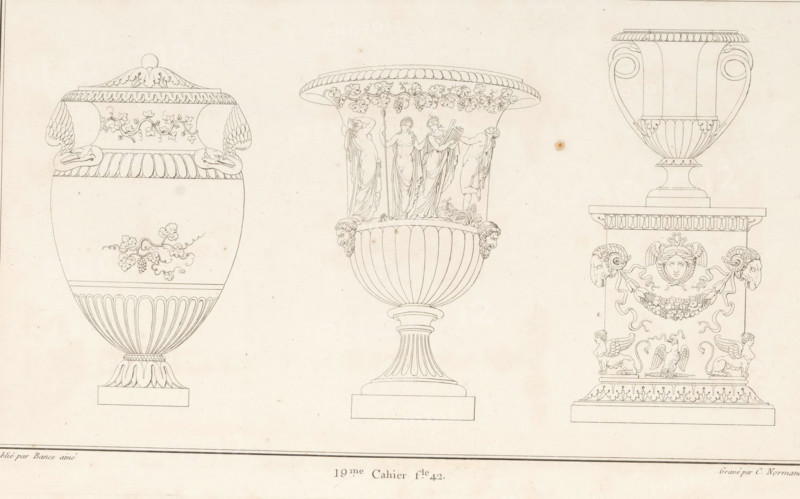 Three vases, ornamental print, Ornamental print with three vases, one on a pedestal. Part (19th. Cah.er f.le 42) of the print album with two series of a total of 138 ornamental prints by Beauvallet and Normand, 'Fragmens d'Ornemens dans le Style Antique'., printmaker: Charles Pierre Joseph Normand, Paris, publisher: Jacques-Louis Bance, 1820, Charles Pierre Joseph Normand, Jacques-Louis Bance, printmaker, publisher, paper, etching, height 0 mm x width 0 mm, vase, ornament, A horizontal drawing shows three ornate urns on pedestals aligned across the page, each rendered in fine linework on a pale background; the left urn has a rounded body with vertical fluting toward its base, a decorative lid topped with a round finial, winged animal head handles facing inward, and a small floral vine motif on its belly; the central urn has a wide flared rim adorned with a grapevine border, a band of standing draped figures beneath the rim, a ribbed lower body, ram head decorations at the transition, a...