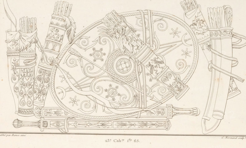 Weapon trophy, ornamental print, ornament with weapons and armor, taken from the Column of Trajan. Part (23rd. Cah.er f.le 65) of the print album with two series of a total of 138 ornamental prints by Beauvallet and Normand, 'Fragmens d'Ornemens dans le Style Antique'., printmaker: Charles Pierre Joseph Normand, Paris, publisher: Jacques-Louis Bance, 1820, Charles Pierre Joseph Normand, Jacques-Louis Bance, printmaker, publisher, paper, etching, height 0 mm x width 0 mm, ornaments, art, 'tropaion', ie decorative ornament, weapons, A close-up of a corner of a printed page showing part of a detailed ornamental line drawing with curved and spiral floral motifs, rope-like bands, tassel-like elements, and decorative column capitals, all in thin black ink on aged off-white paper with light spotting and smudges.