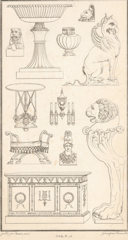 Various ornaments, ornamental print, Ornamental print with various furniture and other objects. Part (5th Cah. No. 25) of the print album with two series of a total of 138 ornamental prints by Beauvallet and Normand, 'Fragmens d'Ornemens dans le Style Antique'., printmaker: Pierre-Nicolas Beauvallet, Paris, publisher: Jacques-Louis Bance, 1820, Pierre-Nicolas Beauvallet, Jacques-Louis Bance, printmaker, publisher, paper, etching, height 0 mm x width 0 mm, ornaments, art, decorative furniture, A detailed line drawing on a light background shows various decorative objects and sculptural elements arranged across the page, including a large fluted pedestal supporting an ornate shallow bowl near the top, a bulbous vase with a scalloped body and decorative band, and a seated mythical creature with wings and a long tail perched on a base. There are several lion motifs, including a carved lion head in profile, a lion bust with a paw resting on a block, and a large sculpted lion head seen in pr...