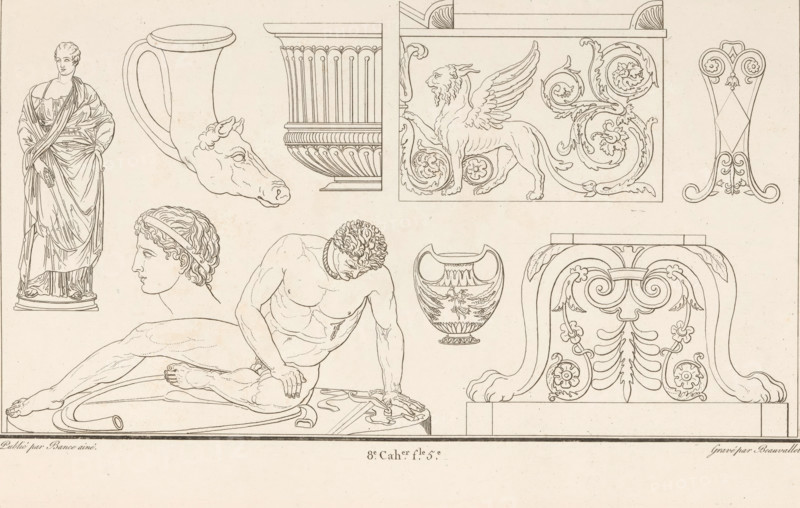 Various ornaments, ornamental print, Ornamental print with various objects, at the bottom the image of the Dying Gaul. Part (8th Cah. f.le 51) of the print album with two series of a total of 138 ornamental prints by Beauvallet and Normand, 'Fragmens d'Ornemens dans le Style Antique'., printmaker: Pierre-Nicolas Beauvallet, Paris, publisher: Jacques-Louis Bance, 1820, Pierre-Nicolas Beauvallet, Jacques-Louis Bance, printmaker, publisher, paper, etching, height 0 mm x width 0 mm, piece of sculpture, reproduction of a piece of sculpture, ornaments, art, A cropped, sepia-toned page shows part of a framed line drawing of a reclining classical figure with curly hair and a headband, an extended leg and foot, and draped fabric over a column fragment; the paper has age spots and a darker textured edge along one side.