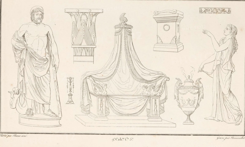 Various ornaments, ornamental print, Ornamental print with a central couch with a canopy, and a standing man and woman on the left and right. Part (9th. Cah. f.le 5) of the print album containing two series of a total of 138 ornamental prints by Beauvallet and Normand, 'Fragmens d'Ornemens dans le Style Antique'., printmaker: Pierre-Nicolas Beauvallet, Paris, publisher: Jacques-Louis Bance, 1820, Pierre-Nicolas Beauvallet, Jacques-Louis Bance, printmaker, publisher, paper, etching, height 0 mm x width 0 mm, ornaments, art, bed, couch, sofa, settee, A portion of an aged, cream-colored page with a darker textured margin at the left and faint spotting and discoloration across the surface; along the lower right edge of the image is part of a framed line drawing showing draped fabric, curved architectural details, and a stylized animal head with an open mouth and horn, all rendered in thin, dark outline.