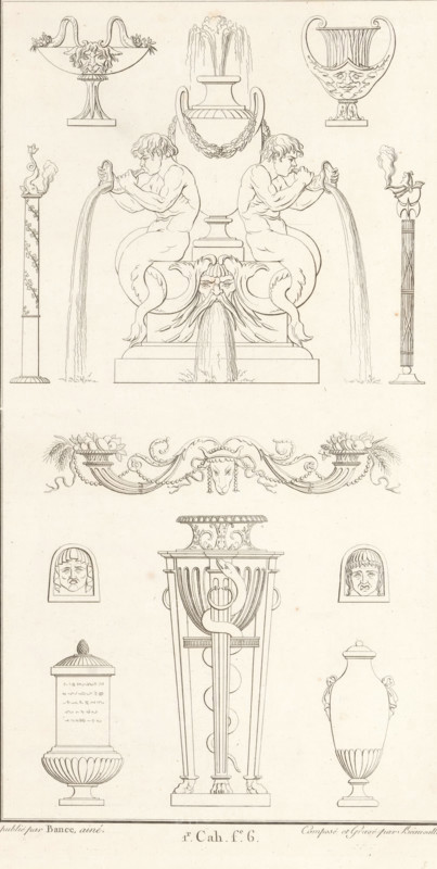 Fountain and various vases, ornamental print, Ornamental print including a fountain and various vases. Part (1r. Cah. f. 6) of the print album with two series of a total of 138 ornamental prints by Beauvallet and Normand, 'Fragmens d'Ornemens dans le Style Antique'., printmaker: Pierre-Nicolas Beauvallet, Paris, after design by Pierre-Nicolas Beauvallet, publisher: Jacques-Louis Bance, 1820, Pierre-Nicolas Beauvallet, Jacques-Louis Bance, printmaker, publisher, paper, etching, height 0 mm x width 0 mm, garden fountain, ornaments, art, A vertically oriented ink drawing showing ornamental architectural and sculptural elements arranged in a symmetrical layout across the page, featuring a central fountain motif with two seated male figures facing away from each other and leaning forward to pour water from shell-like vessels while a stylized bearded mask beneath them also emits a cascade of water; decorative urns and shallow bowls with handles occupy the upper corners, and a large two-handl...
