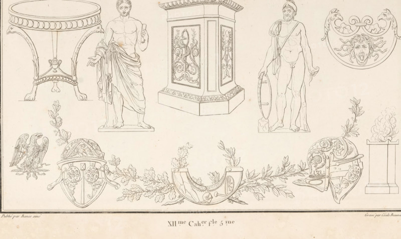 Various ornaments, ornamental print, Ornamental print with two central standing male figures on either side of an altar. Part (12th Cahn. f.le 5) of the print album with two series of a total of 138 ornamental prints by Beauvallet and Normand, 'Fragmens d'Ornemens dans le Style Antique'., printmaker: Cécile Beauvallet, Paris, publisher: Jacques-Louis Bance, 1820, Cécile Beauvallet, Jacques-Louis Bance, printmaker, publisher, paper, etching, height 0 mm x width 0 mm, piece of sculpture, reproduction of a piece of sculpture, ornaments, art, standing figure, altar, Roman religion, A large sheet contains multiple fine line drawings of classical and decorative objects arranged across the page, including two standing male figures shown nude from the waist up with draped cloth, a tall rectangular pedestal with ornate relief panels, a round table with curved legs ending in paw feet, a circular medallion featuring a face with flowing hair and two animal heads at the rim, a domed helmet with int...
