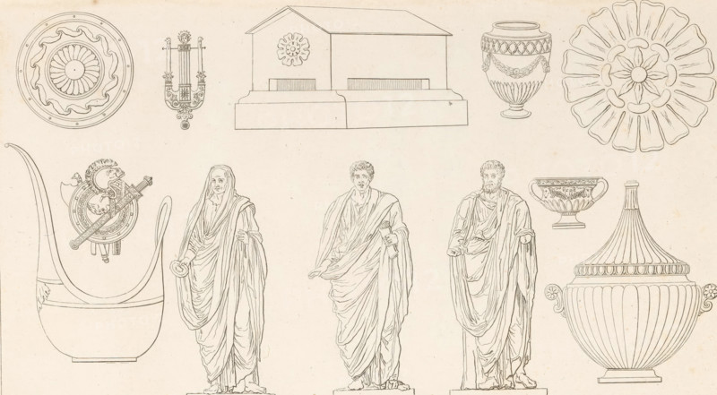 Various ornaments, ornamental print, Ornamental print with three standing figures centrally at the bottom. Part (XIIe. Cah. f.le 6) of the print album with two series of a total of 138 ornamental prints by Beauvallet and Normand, 'Fragmens d'Ornemens dans le Style Antique'., printmaker: Cécile Beauvallet, Paris, publisher: Jacques-Louis Bance, 1820, Cécile Beauvallet, Jacques-Louis Bance, printmaker, publisher, paper, etching, height 0 mm x width 0 mm, piece of sculpture, reproduction of a piece of sculpture, ornaments, art, standing figure, The image shows a pale background with a series of finely drawn line illustrations of classical objects and figures arranged across the page; there are circular ornamental rosettes and medallions, decorated vases with garlands and fluted bodies, and a large covered urn with handles and a domed lid. Several standing draped figures in flowing robes are depicted on rectangular bases, each with distinct hand gestures and folds in their garments. A boat...