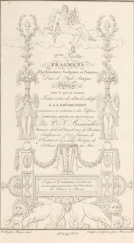 Title page for '2eme Partie Fragmens d'Architecture, Sculpture et Peinture, Dans le Style Antique, ornamental print, title page, Engraved title page with title and ornaments. Apollo at the top, two lions at the bottom. Part (13e. Cah. f.le 1) of the print album with two series of a total of 138 ornamental prints by Beauvallet and Normand, 'Fragmens d'Ornemens dans le Style Antique'., printmaker: Pierre-Nicolas Beauvallet, Paris, publisher: Jacques-Louis Bance, 1820, Pierre-Nicolas Beauvallet, Jacques-Louis Bance, printmaker, publisher, paper, etching, height 0 mm x width 0 mm, ornaments, art, A vertical ornamental engraving showing a reclining male figure on a cloud at the top holding a lyre, flanked by tall floral columns with torch-like flames and wreaths, two winged figures below each holding long trumpets and standing on spherical bases atop decorated pedestals, a central ornate urn with swirling decorations and garlands between the pedestals, a rectangular framed panel beneath the...