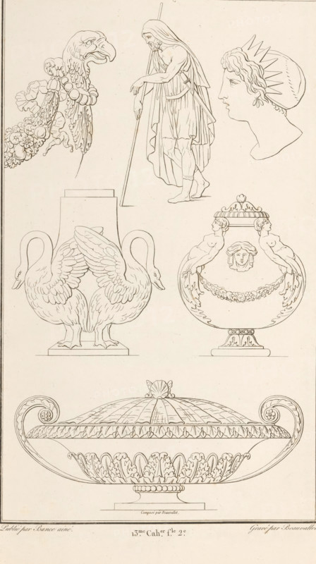 Various ornaments, ornamental print, Ornamental print with various objects. Part (13th. Cah. f.le 2) of the print album with two series of a total of 138 ornamental prints by Beauvallet and Normand, 'Fragmens d'Ornemens dans le Style Antique'., printmaker: Pierre-Nicolas Beauvallet, Paris, after design by Pierre-Nicolas Beauvallet, publisher: Jacques-Louis Bance, 1820, Pierre-Nicolas Beauvallet, Jacques-Louis Bance, printmaker, publisher, paper, etching, height 0 mm x width 0 mm, ornaments, art, A vertical sheet shows multiple fine line ink drawings of decorative classical designs on a light background. Near the top left is an ornate eagle head with ruffled feathers and a bead-like necklace, and to its right a standing robed male figure leaning on a long staff with a cloak draped over his shoulders. To the far right near the top is a profile of a crowned head with wavy hair and an earring. Below these, on the left, is a double-handled vessel whose body is formed by two mirrored swans w...