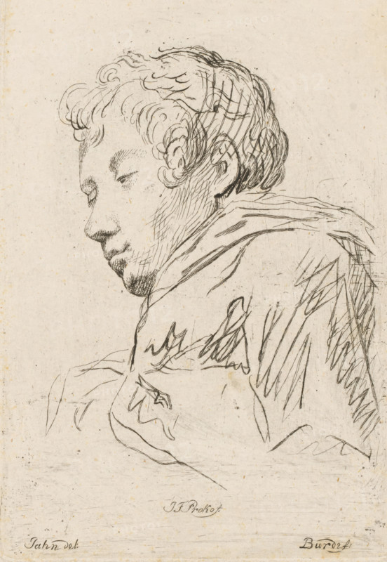 Portrait of the sculptor JF Prokof, print, Sketchy portrait bust of the sculptor JF Prokof., printmaker: Joseph Carl Burde, Prague, after drawing by Jahn, c. 1805 - c. 1820, paper, etching, height 135 mm x width 93 mm, historical persons, portrait, self-portrait of artist, self-portrait of sculptor, A pen and ink line drawing of a person shown in three-quarter profile facing left, with closed eyes and slightly downturned lips. The figure has short, curly hair rendered with looping lines and some crosshatching at the back, a defined ear, and light stippling and short strokes suggesting facial texture. A loose garment drapes over the shoulders, indicated by flowing, sketchy contour lines and varied hatch marks. The background is the plain, lightly textured surface of aged paper.