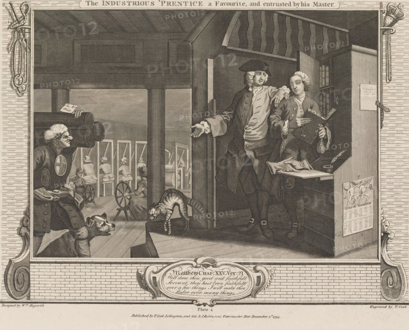 The Industrious Pupil a Favorite and Confidant of His Master (plate 4), The Indoustrious 'Prentice a Favorite, and entrusted by his Master, Industry and Idleness (original series title), print, Series number, 4, 12, The industrious pupil Goodchild wins the trust and friendship of his master. In the background, the looms in the factory. Below the image, a cartouche with a text from Matthew. Part of a series of twelve plates depicting the rise and fall of two pupils, Francis Goodchild and Thomas Idle, after the original plates by William Hogarth from 1747., printmaker: Thomas Cook, London, after design by William Hogarth, publisher: Thomas Cook, publisher: Robinson, George, George & John, 1795-12-01, Thomas Cook, William Hogarth, Robinson, printmaker, after design by, publisher, paper, etching, engraving, height 291 mm x width 371 mm, weaving-loom, factory-interior, machine shop, employer, employee, An engraving shows an interior scene with two men standing near a doorway, one resting an...