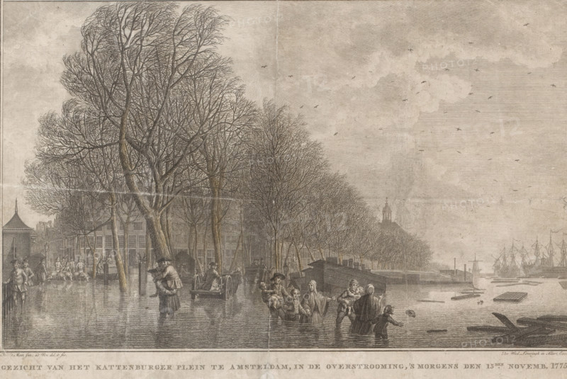 View of the Kattenburger Plein in Amsterdam during the flood, on the morning of November 15, 1775, Flood on the Kattenburgerplein in Amsterdam, print, book illustration, printmaker: Noach van der Meer (II), Amsterdam, publisher: Loveringh & Johannes Allart, widow Jacobus, 1776, paint (coating), paper, watercolor (paint), etching, engraving, etching and engraving, worked with brown watercolor, height 214 mm x width 305 mm, Print probably from: Hering, Johan Hendrik. Reflection on the Dutch flood, between the 14th. and 15th Nov: MDCCLXXV. 2 parts. Amsterdam: Widow Jacobus Loveringh & Johannes Allart, vol. 1, city-view, and landscape with man-made constructions, rescue work during a flood, dike-break, Flood of November 14-18, Kattenburgerplein, Period, 1775-11-15, A wide riverside scene rendered in fine line work shows many leafless trees along a waterfront with buildings behind them, a domed tower visible in the distance, and several sailing ships moored on the water to the right; people...
