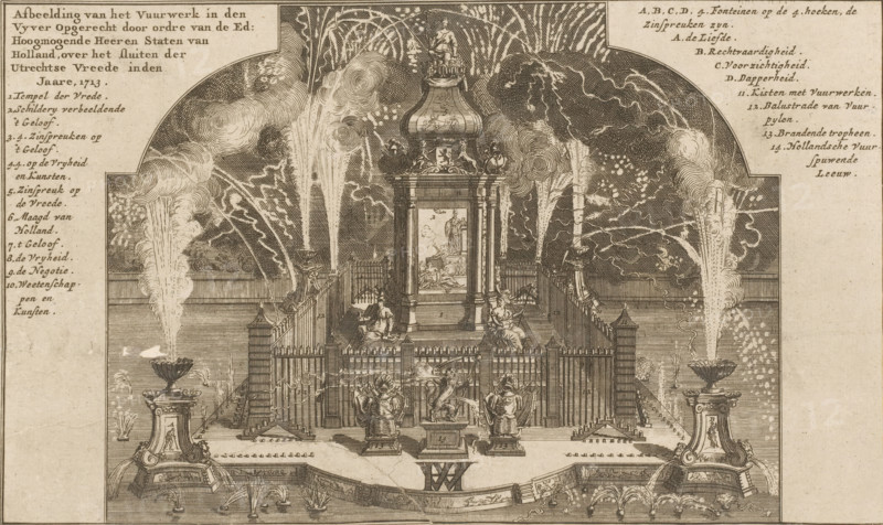 Image of the Fireworks in the Pond Set Off by Order of the Noble and Mighty Lords States of Holland, on the Concluding of the Peace of Utrecht in the Year, 1713, Fireworks at the Celebration of the Peace of Utrecht, print, Structure with fireworks set off by order of the States of Holland and West Friesland on the Hofvijver in The Hague during the celebration of the Peace of Utrecht, June 14, 1713. On either side of the image the title and legend in Dutch., printmaker, Northern Netherlands, paper, etching, height 153 mm x width 258 mm, bonfire, fire-works (illumination, fire-works, festive activities), Peace of Utrecht (1713), The Hague, Hofvijver, Period, A detailed engraved scene shows a central ornate pavilion with a domed top and decorative panels, surrounded by a fenced platform and stairways. Two seated figures occupy the platform on either side of the pavilion, each holding objects. In front of the fence are sculpted figures and a lion sculpture on a pedestal. Tall fountains spr...