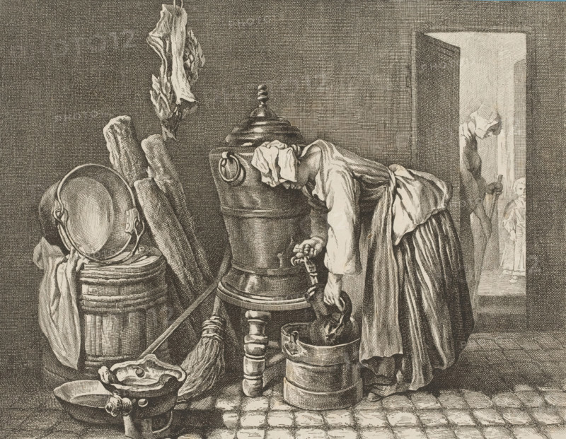Interior with woman filling a jug with water, print, printmaker: Alfred de Dreux, Netherlands, after painting by Jean Baptiste Siméon Chardin (possibly), 1823 - 1860, paper, lithography, height 218 mm x width 281 mm, kitchen, interior of the house, sweeping (, cleaning the house), A monochrome etching shows a woman bent over a large ornate urn, her head covered with a cloth and her skirt gathered at the back, as she holds a bucket under a spout; around her are stacked barrels, bowls, a ladle, a broom, and hanging rags, with a large pan leaning against a barrel on the left; a doorway to the right reveals a standing figure holding a stick and a smaller figure peeking from behind.