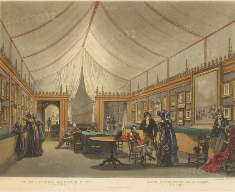 Monsr. J. Isabey's exhibition rooms, 61 Pall Mall, Salle d'Exhibition de J. Isabey, à Londres, Exhibition room of Jean Baptiste Isabey in London, print, printmaker: William James Bennett, printmaker: Jean Baptiste Isabey, London, 1820-06, paper, etching, aquatint, hand coloring, aquatint and etching, hand colored, height 210 mm x width 276 mm, Person, exhibition, art, Pall Mall, A large interior room with a high draped ceiling held up by fabric panels and decorative trim, walls lined with framed paintings, and a central area with tables and chairs; several people in period clothing stand, sit, or converse, including women in long dresses and bonnets, men in coats and waistcoats, and a seated figure in a military-style uniform; a pair of heavy curtains hangs at an opening toward a back corridor where more figures are visible; ornamental moldings run along the top of the walls, and a few small pedestals and stools are scattered around the floor.