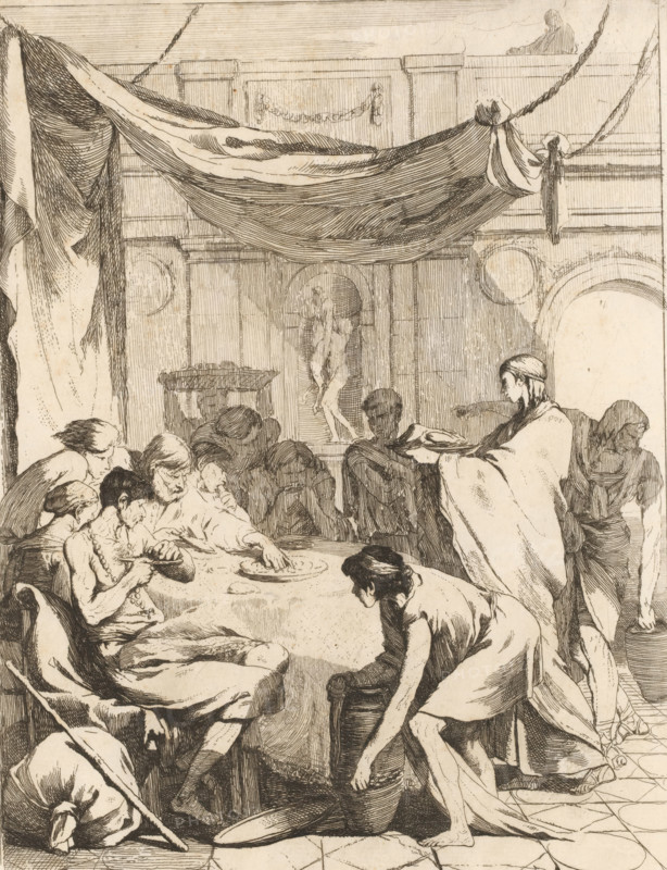 Feeding the hungry, The Seven Works of Mercy, print, Part of a series of seven works of mercy with depictions in an ancient setting., collector's mark: 'M', printmaker: François Hutin, Dresden, after design by François Hutin, c. 1730 - c. 1750, François Hutin, printmaker, Saxony, paper, etching, height 233 mm x width 164 mm, feeding the hungry, 'esuriens cibatur', one of the (seven) Acts of Mercy, A crowded interior scene rendered in fine pen lines shows a large draped canopy hanging overhead with heavy folds and ropes attached to the surrounding architecture; beneath it a semicircular niche holds a small sculpted figure on a pedestal, and decorative roundels and pilasters frame the background. In the foreground, a round table is surrounded by seated and leaning figures engaged with bowls and plates, their clothing consisting of flowing robes, wraps, and simple garments; one seated person wears a beaded necklace and holds a small bowl, another reaches toward a plate, and a standing fig...