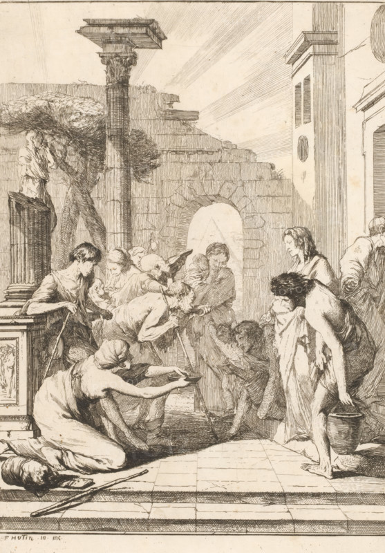 Giving the Thirsty Drink, The Seven Works of Mercy, print, Part of a series of seven works of mercy with depictions in an ancient setting., printmaker: François Hutin, Dresden, c. 1730 - c. 1750, Saxony, paper, etching, height 233 mm x width 164 mm, giving the thirsty to drink, 'sitiens potatur', one of the (seven) Acts of Mercy, A detailed pen-and-ink scene shows a group of figures gathered on a tiled foreground in front of stone architecture and columns, with a ruined wall and an arched opening in the middle distance and a tall pillar with a leafy tree beside it on the left; several people are bent or kneeling, reaching toward bowls and vessels, one woman kneels at the front holding a shallow dish while another stands carrying a large jar, a shirtless figure leans forward with a hand on a staff, an elderly man with a staff stoops near the center, and other figures cluster and gesture toward each other, their draped garments and exposed limbs rendered with fine crosshatching; architec...