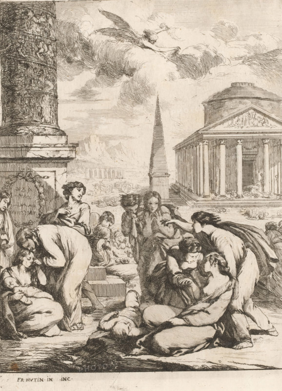 Visiting the Sick, The Seven Works of Mercy, print, Part of a series of seven works of mercy with depictions in an ancient setting., printmaker: François Hutin, Dresden, c. 1730 - c. 1750, Saxony, paper, etching, height 233 mm x width 164 mm, 'aeger curatur', one of the (seven) Acts of Mercy, A detailed monochrome etching shows a crowded scene with many figures gathered in the foreground, several seated or crouched on the ground and some holding or tending to others; most figures wear draped clothing and have visible hair and expressive faces and gestures. In the midground a tall column with carved relief stands on the left and a group of classical buildings with columns and a pediment occupy the right, with a tall, slender obelisk visible between them. In the background there are distant architectural elements and a mountainous landscape. Above the scene large billowing clouds fill the sky and an airborne winged figure appears among them. The overall image is composed of fine linework...
