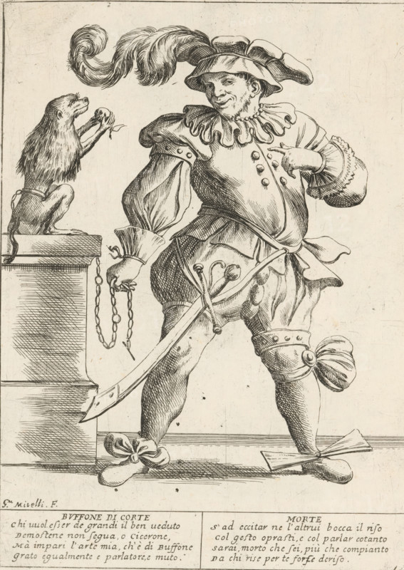 The Jester, The Twenty-Four Hours of Human Happiness, Le Ventiquattr'Hore dell'humana felicità, print, Series number, 10, 24, A jester (Buffone di Corte), dressed in a ridiculous costume with a feathered hat and bows, points at a chained monkey. With two four-line verses in Italian. Numbered top right: 10. Part of the series 'The Twenty-Four Hours of Human Happiness'., printmaker: Giuseppe Maria Mitelli, 1675, paper, etching, engraving, height 275 mm x width 200 mm, height 394 mm x width 280 mm, monkeys, apes, the 24 hours of day and night, scenes symbolizing 'Vanitas', buffoon (in general) (German: 'Schalksnarr'), personifications, the life of man, animals tied up (exercising, performing animal), A detailed black and white line drawing shows a man in theatrical costume standing with one hand on his hip and the other pointing toward himself; he wears a wide-brimmed hat with large flowing plumes, a ruffled collar, puffed sleeves with decorative cuffs, a doublet with buttons, a belt with...