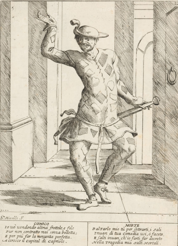 The Comedian, The Twenty-Four Hours of Human Happiness, Le Ventiquattr'Hore dell'humana felicità, print, Series number, 12, 24, A comedian or jester (Comico) dancing like a harlequin. With two four-line verses in Italian. Numbered top right: 12. Part of the series 'The Twenty-Four Hours of Human Happiness'., printmaker: Giuseppe Maria Mitelli, 1675, paper, etching, engraving, height 275 mm x width 200 mm, height 394 mm x width 280 mm, court jester, court fool, the 24 hours of day and night, scenes symbolizing 'Vanitas', personifications, the life of man, types in 'commedia dell'arte': Harlequin, A line drawing of a man standing in a doorway wearing a patterned costume with patch-like shapes and a short skirted garment tied at the waist, a hat with a small plume, and laced shoes with decorative bows; he holds a rod or staff in one hand and raises the other arm with an open hand, his legs shown in a dynamic pose on a wooden floor, the background featuring vertical paneling and an archway...