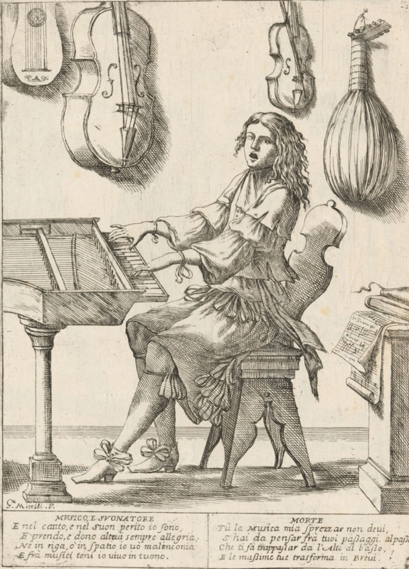 The Musician, The Twenty-Four Hours of Human Happiness, Le Ventiquattr'Hore dell'humana felicità, print, Series number, 13, 24, A young musician (Musico e Suonatore) plays and sings sitting behind a harpsichord. Other musical instruments hang on the wall: guitar, cello, lute, and violin. With two four-line verses in Italian. Numbered top right: 13. Part of the series 'The Twenty-Four Hours of Human Happiness'., printmaker: Giuseppe Maria Mitelli, 1675, paper, etching, engraving, height 275 mm x width 200 mm, height 394 mm x width 280 mm, one person playing keyboard instrument, viola, violoncello, double bass, violin, fiddle, cithern, mandolin, balalaika, clavichord, harpsichord, the 24 hours of day and night, scenes symbolizing 'Vanitas', personifications, the life of man, singer accompanying himself, A seated figure with long wavy hair and an open-mouthed expression plays a keyboard instrument with both hands, wearing a flowing garment with voluminous sleeves and a skirt tied at the w...