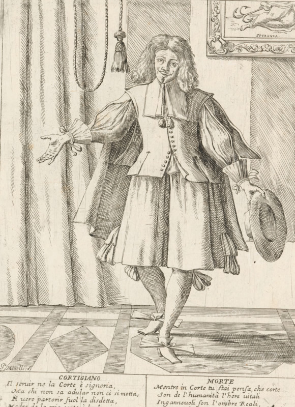 The Courtier, The Twenty-Four Hours of Human Happiness, Le Ventiquattr'Hore dell'humana felicità, print, Series number, 16, 24, The Courtier (Cortigiano). Standing man, hat in hand, makes a slight bow. With two four-line verses in Italian. Numbered top right: 16. Part of the series 'The Twenty-Four Hours of Human Happiness'., printmaker: Giuseppe Maria Mitelli, 1675, paper, etching, engraving, height 275 mm x width 200 mm, height 394 mm x width 280 mm, the 24 hours of day and night, scenes symbolizing 'Vanitas', personifications, the life of man, dignitary at court, making a bow to a ruler, A black and white line drawing of a standing man in period clothing with shoulder-length wavy hair, a wide flat collar, a buttoned doublet, voluminous sleeves tied at the wrists, a knee-length skirted garment, and ribboned shoes; he holds a wide-brimmed hat in one hand and extends the other hand outward; behind him are tall draped curtains with a hanging tassel cord and a framed decorative panel on ...